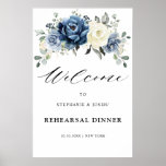 Dusty Blue Champagne Rehearsal Dinner Welcome Pos Poster<br><div class="desc">Stustblauw bloemetje welkom poster met elegante bouquet marinblauw,  royal blue,  white,  gold,  champagne iory,  blush color roos,  ranunculus flower buds,  sage green eucalyptus leaves en elegant waterverf bouquet. Neem contact met mij op voor hulp bij aanpassingen of als u een ander product nodig hebt met dit ontwerp.</div>