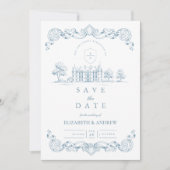 Dusty Blue Chateau Baroque Wedding Save The Date (Voorkant)