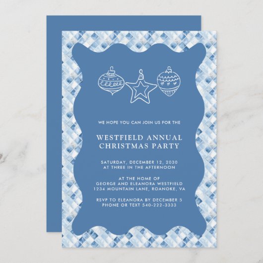 Dusty Blue Check Pattern Christmas Party Kaart (Voorkant / Achterkant)