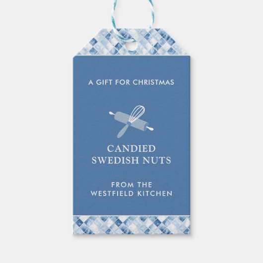 Dusty Blue Check Pattern Holiday Cadeaulabel (Voorkant)