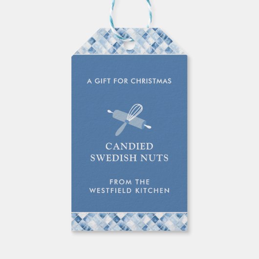 Dusty Blue Check Pattern Holiday Cadeaulabel (Achterkant)