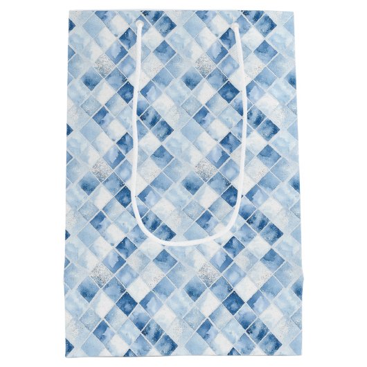 Dusty Blue Check Pattern Holiday Medium Cadeauzakje (Achterkant)