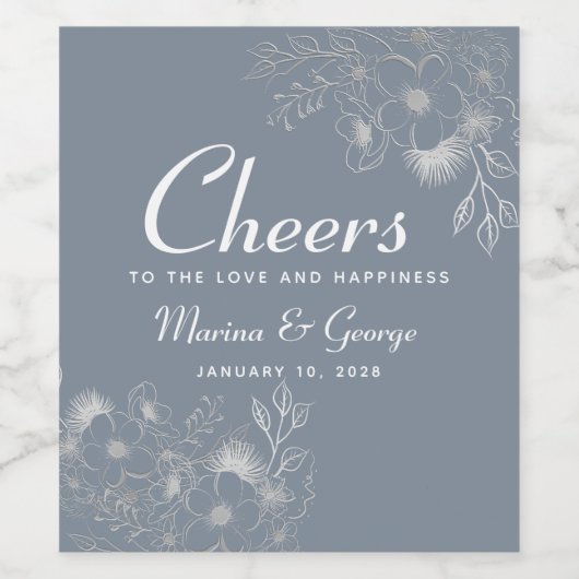 Dusty Blue Cheers Wedding Wine Label Wijn Etiket (Enkel label)