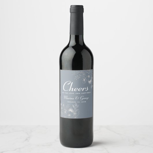 Dusty Blue Cheers Wedding Wine Label Wijn Etiket (Voorkant)