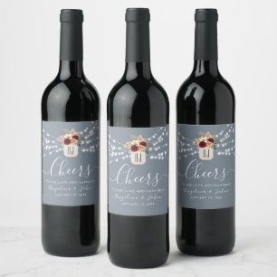 Dusty Blue Cheers Wedding Wine Label Wijn Etiket