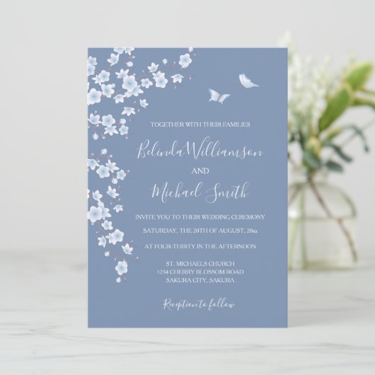 Dusty Blue Cherry Blossom | Wedding Kaart (Staand voorkant)
