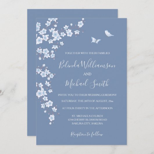 Dusty Blue Cherry Blossom | Wedding Kaart (Voorkant / Achterkant)