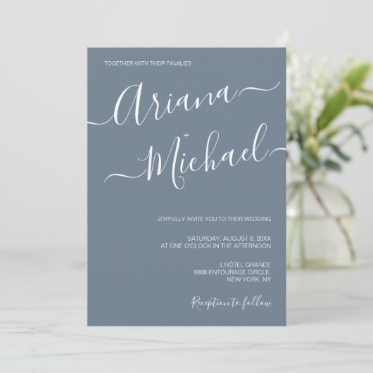 Dusty Blue Chic Minimalist Typography Wedding Kaart (Staand voorkant)