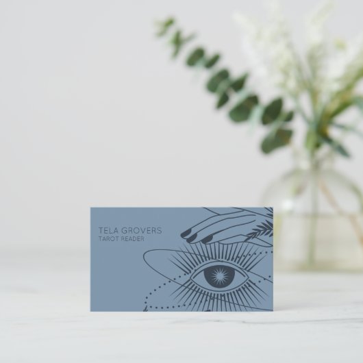 Dusty Blue Chic Modern Mystic Eye Tarot Reader Visitekaartje (Staand voorkant)