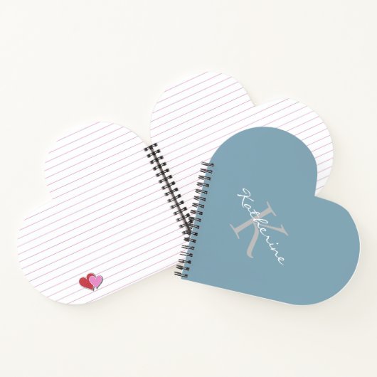 Dusty Blue Chic Monogram Name Heart Shaped Notitieboek (Binnen)