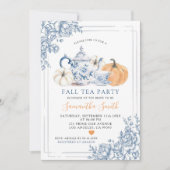 Dusty Blue Chinoiserie Autumn Pumpkin Tea Party Kaart (Voorkant)