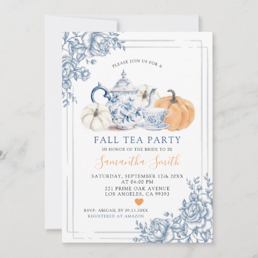 Dusty Blue Chinoiserie Autumn Pumpkin Tea Party Kaart (Voorkant)