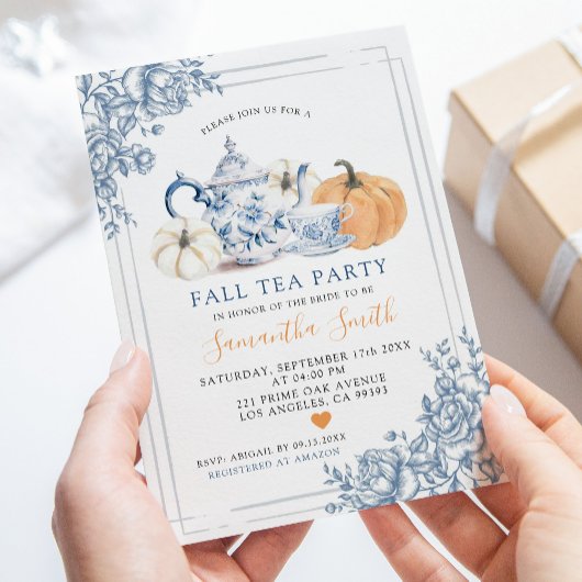 Dusty Blue Chinoiserie Autumn Pumpkin Tea Party Kaart