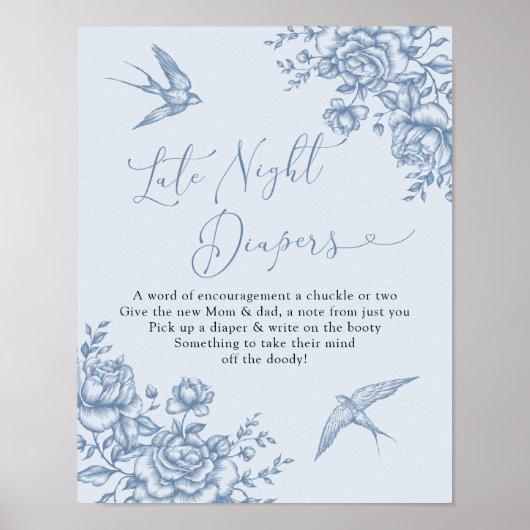 Dusty Blue Chinoiserie Baby Late Night Luier Poster (Voorkant)