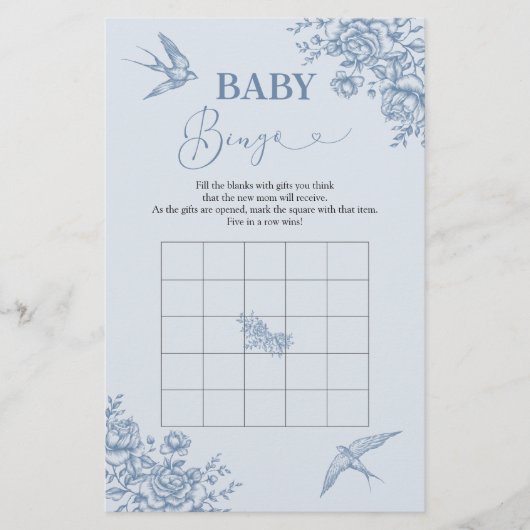 Dusty Blue Chinoiserie Baby shower Baby Bingo (Voorkant)