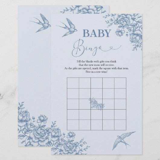 Dusty Blue Chinoiserie Baby shower Baby Bingo (Voorkant / Achterkant)