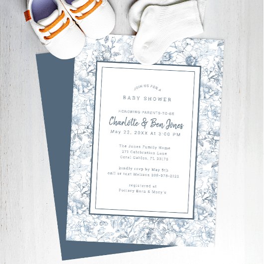 Dusty Blue Chinoiserie Baby shower Invitation Kaart