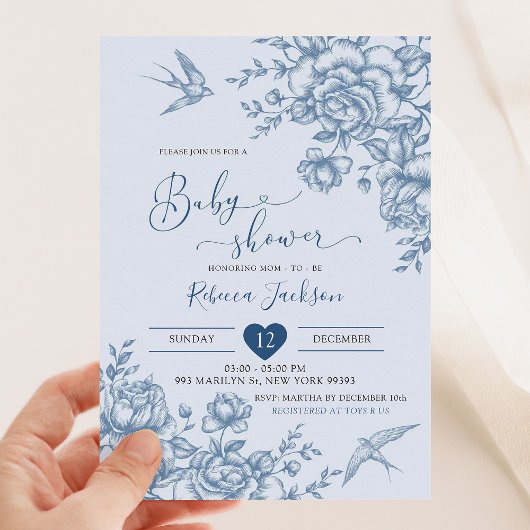 Dusty Blue Chinoiserie Baby shower Invitation Kaart