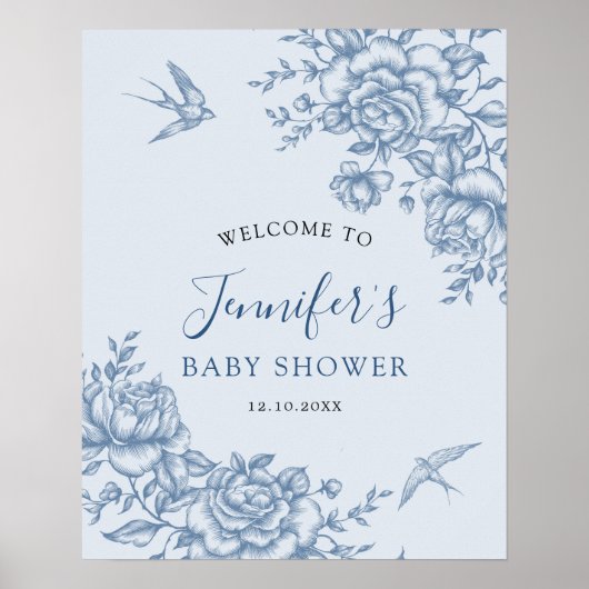 Dusty Blue Chinoiserie Baby shower Welkomstbord Poster (Voorkant)
