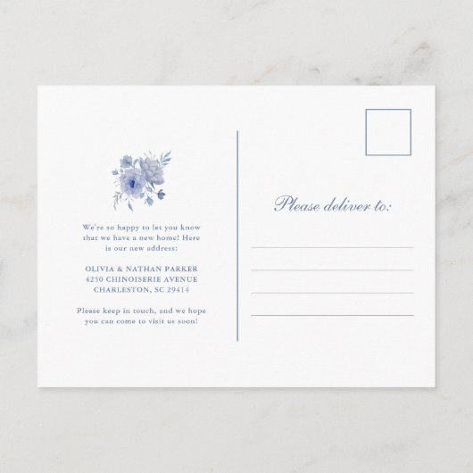 Dusty Blue Chinoiserie Bloemen Bewegende Aankondig Aankondigingskaart (Achterkant)