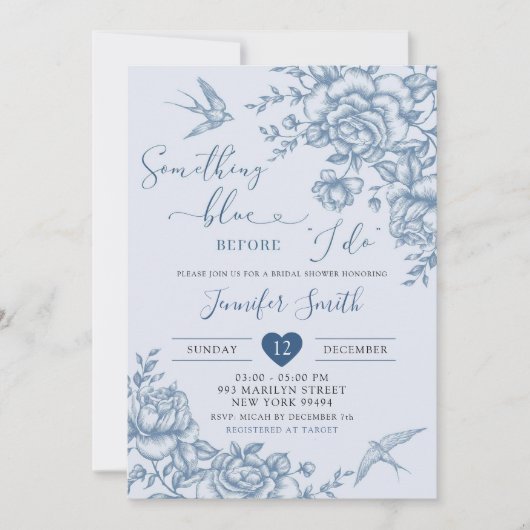Dusty Blue Chinoiserie Bloemenbruids Kaart (Voorkant)