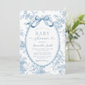 Dusty Blue Chinoiserie Bow Toile Girl Baby Shower Kaart (Staand voorkant)