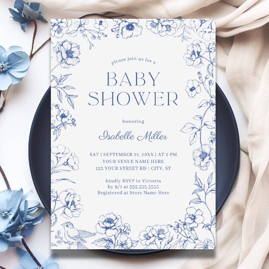 Dusty Blue Chinoiserie Boy Baby shower Kaart