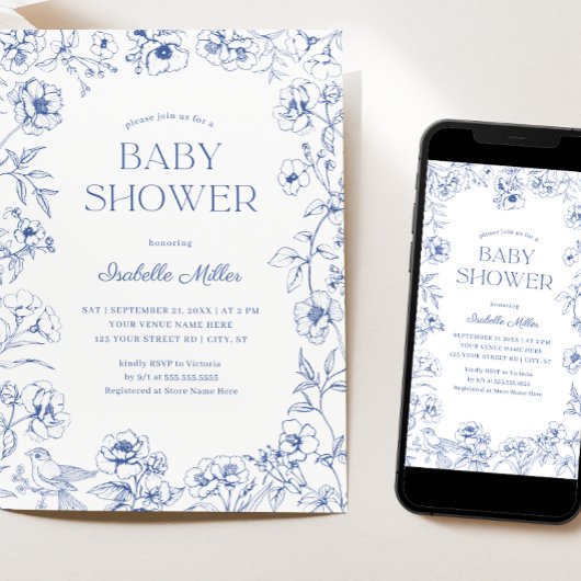 Dusty Blue Chinoiserie Boy Baby shower Kaart