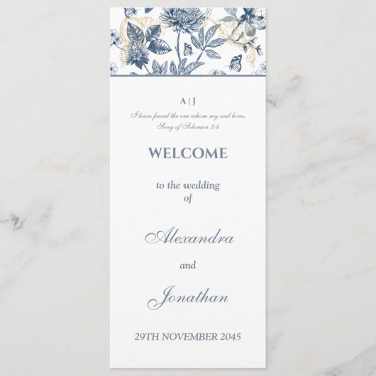 Dusty Blue Chinoiserie Christian Wedding Program Programmakaart (Voorkant)