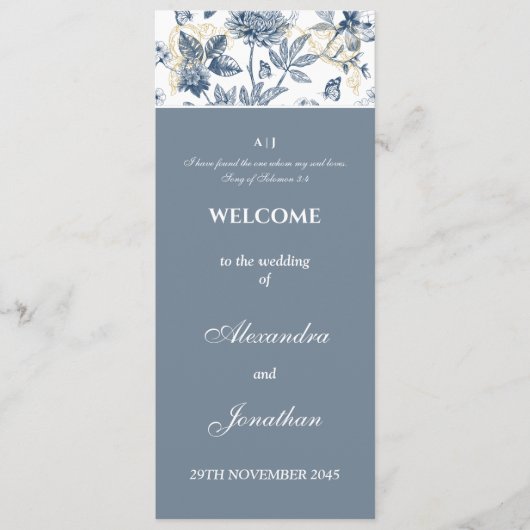Dusty Blue Chinoiserie Christian Wedding Program Programmakaart (Voorkant)