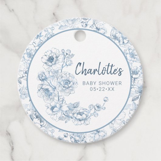 Dusty Blue Chinoiserie Floral Baby shower Bedankjes Labels (Voorkant)
