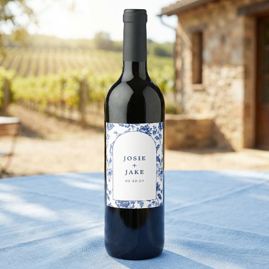 Dusty Blue Chinoiserie Floral Custom Wedding Wijn Etiket