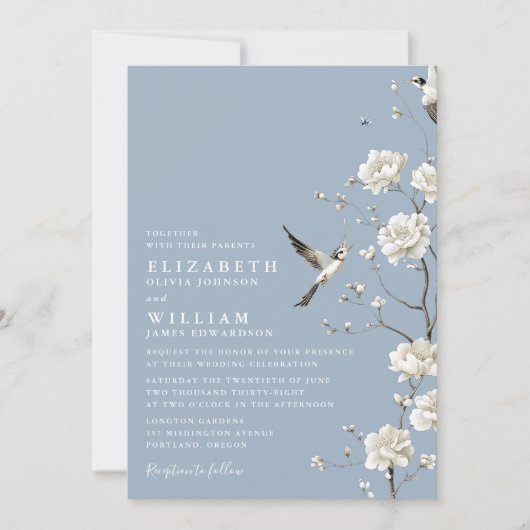 Dusty Blue Chinoiserie Floral Garden Wedding Kaart (Voorkant)