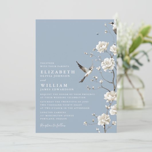Dusty Blue Chinoiserie Floral Garden Wedding Kaart (Staand voorkant)