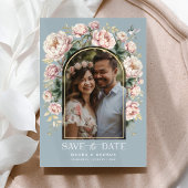 Dusty Blue Chinoiserie Floral Photo Save the Date Kaart