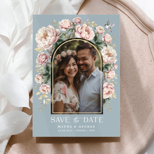 Dusty Blue Chinoiserie Floral Photo Save the Date Kaart