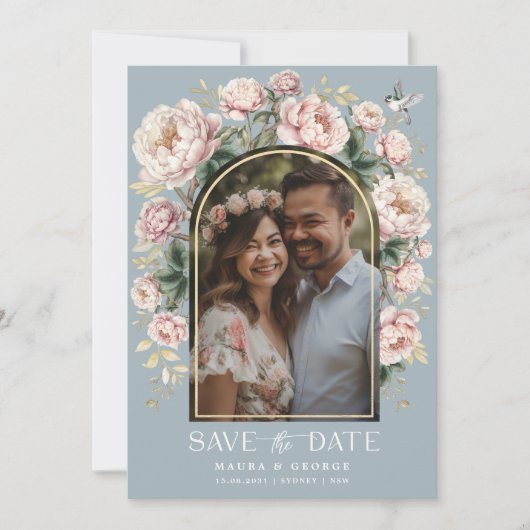 Dusty Blue Chinoiserie Floral Photo Save the Date Kaart (Voorkant)