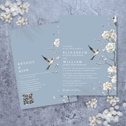 Dusty Blue Chinoiserie Floral QR Code Wedding Kaart