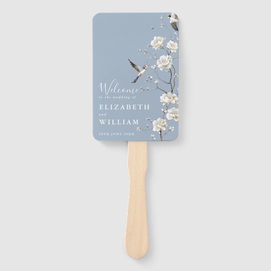 Dusty Blue Chinoiserie Floral Wedding Program Handwaaier (Voorkant)