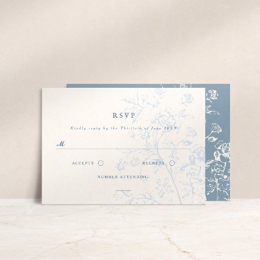 Dusty Blue Chinoiserie Floral Wedding RSVP Kaart
