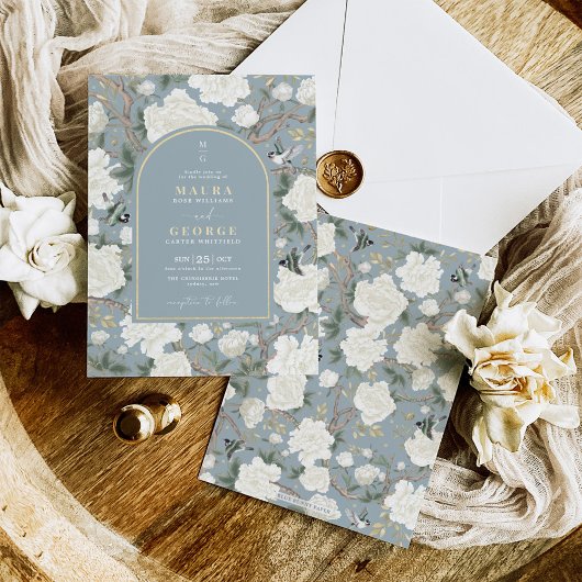 Dusty Blue Chinoiserie Flower Garden Wedding Kaart