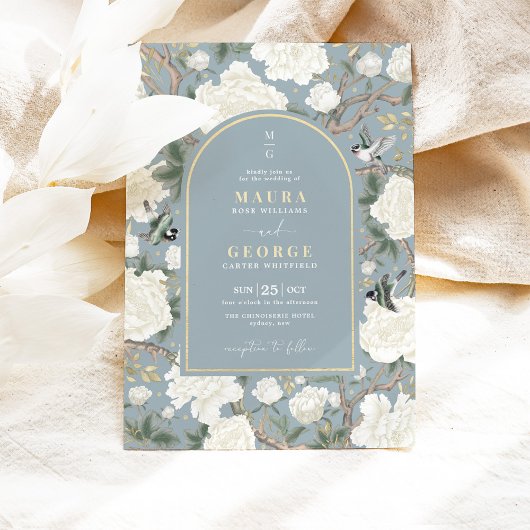 Dusty Blue Chinoiserie Flower Garden Wedding Kaart