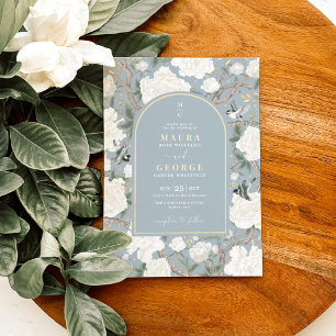 Dusty Blue Chinoiserie Flower Garden Wedding Kaart