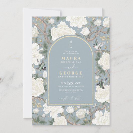 Dusty Blue Chinoiserie Flower Garden Wedding Kaart (Voorkant)