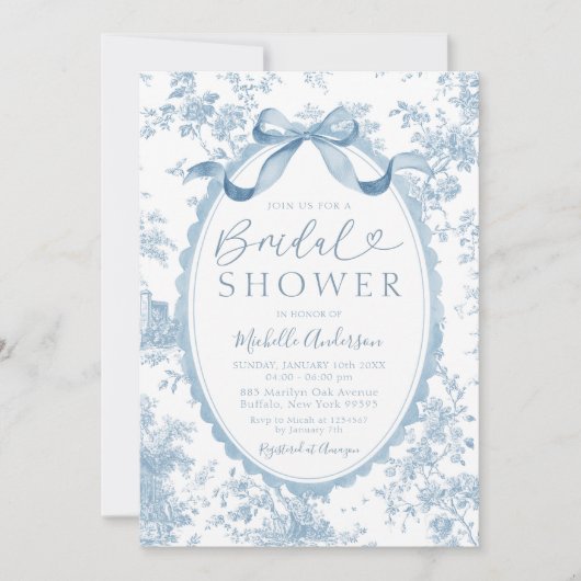 Dusty Blue Chinoiserie French Toile Bridal Shower Kaart (Voorkant)