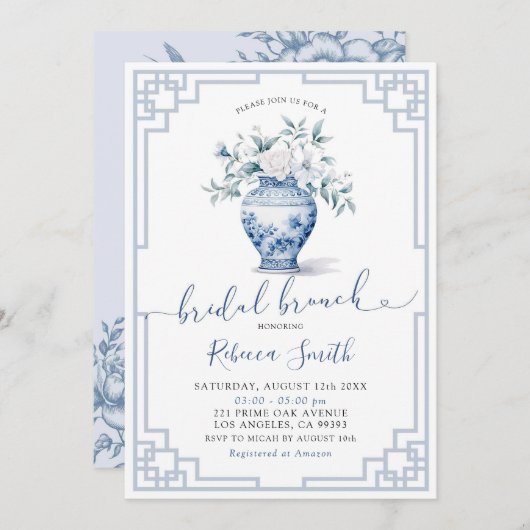 Dusty Blue Chinoiserie Ginger Jar Bridal Brunch Kaart (Voorkant / Achterkant)