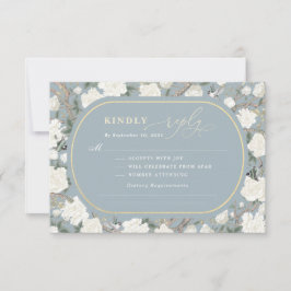 Dusty Blue Chinoiserie Ivoor Bloemen Bruiloft RSVP Kaart