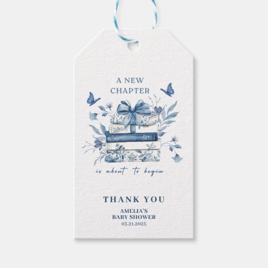 Dusty Blue Chinoiserie New chapter Baby Shower Cadeaulabel (Voorkant)