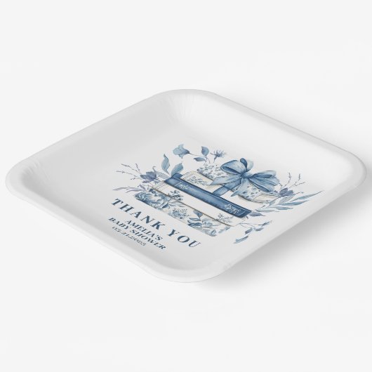 Dusty Blue Chinoiserie New chapter Baby Shower Papieren Bordje (Gebogen)
