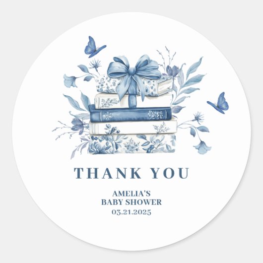 Dusty Blue Chinoiserie New chapter Baby Shower Ronde Sticker (Voorkant)